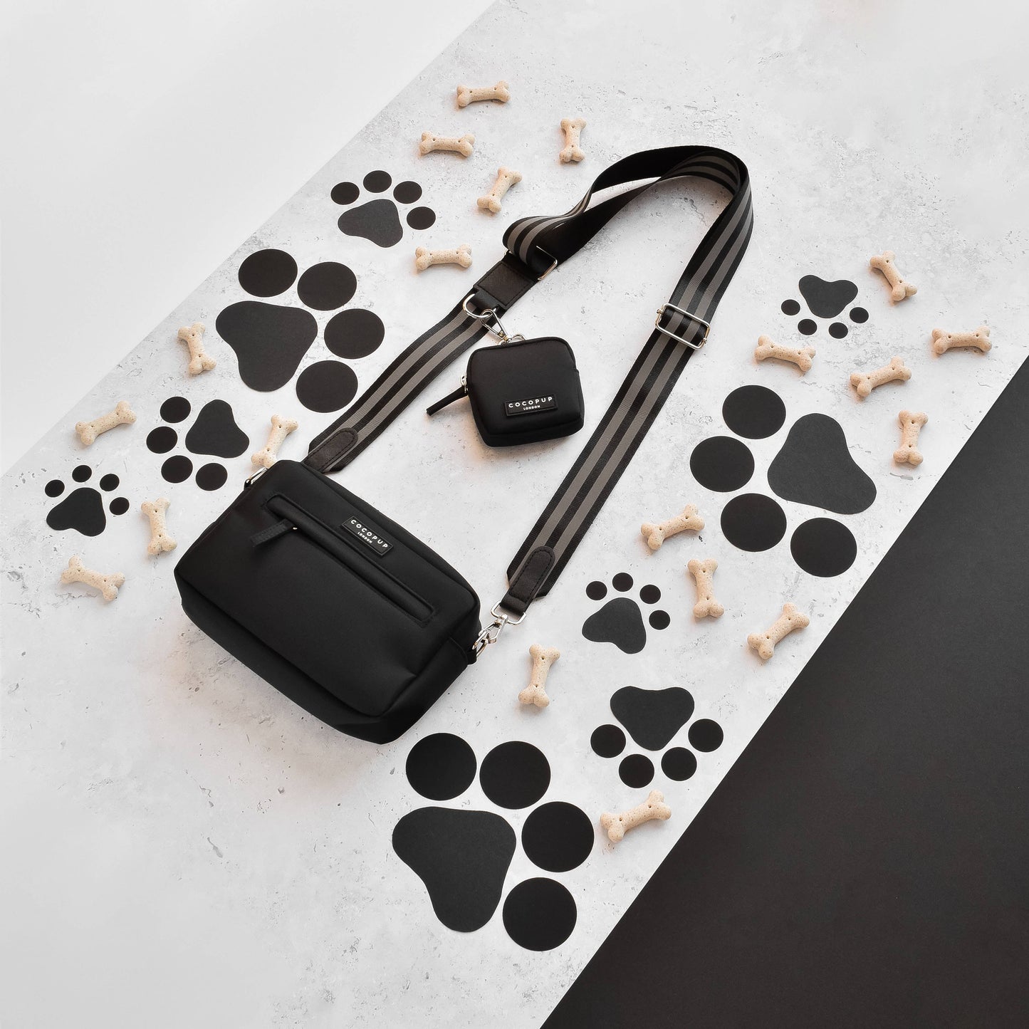 Sac de promenade + anse réfléchissante + pochette frifri pour chien - Noir