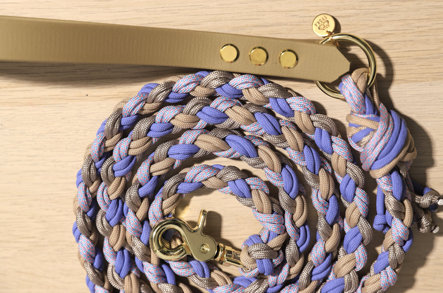 Laisse tressée violet-beige